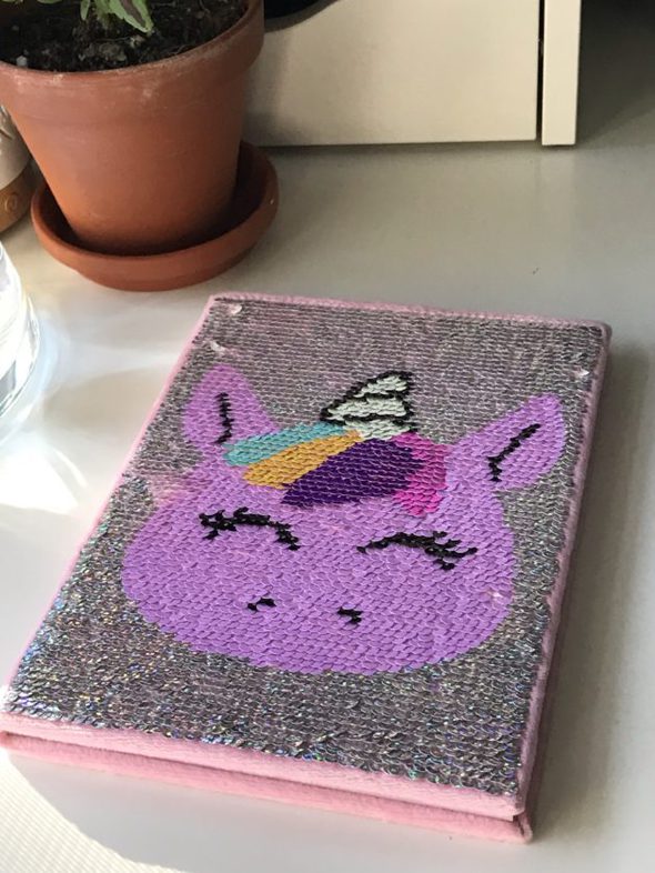 sequinned unicorn notebook.