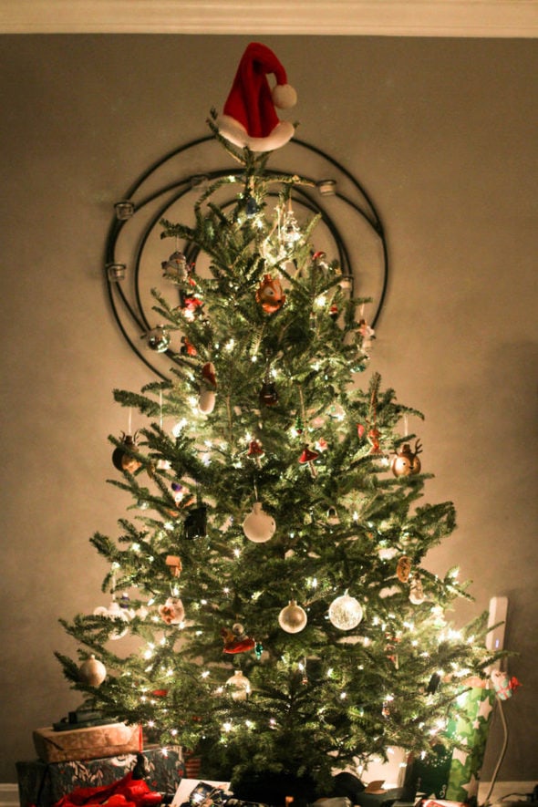 Kristen's Christmas tree, lit up at night.
