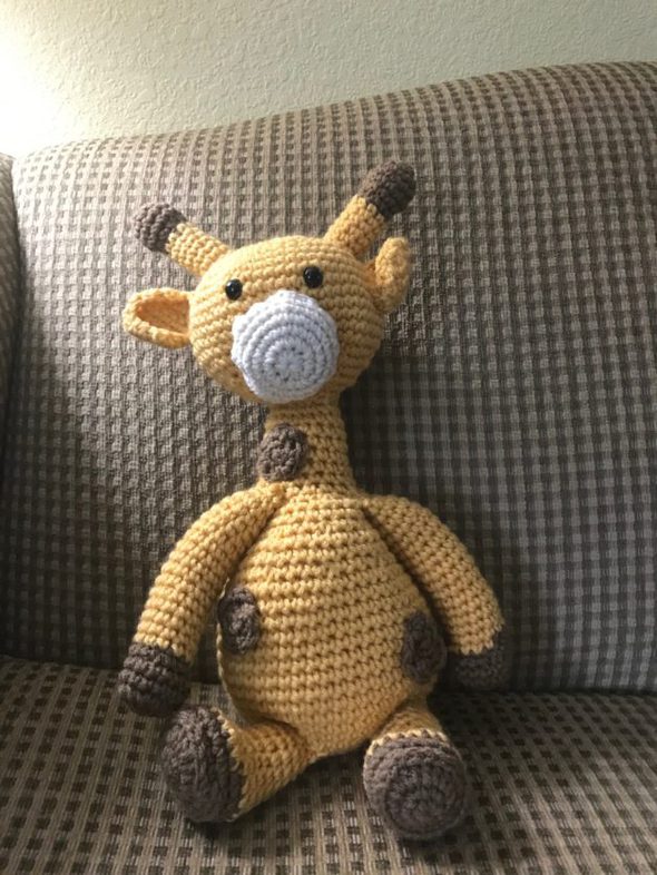a crocheted giraffe.