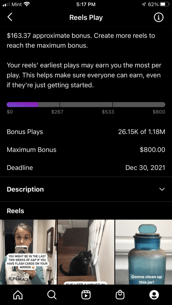 Screenshot of Instagram Reels bonus plays page.