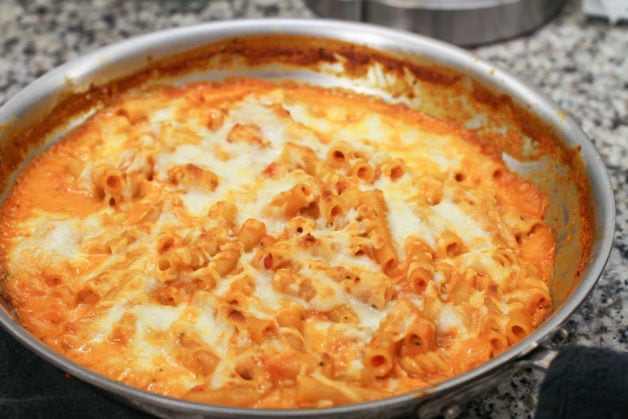 baked ziti in a steel skillet.