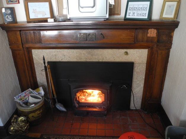 a wood-burning fireplace.