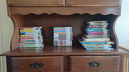 library books on a hutch.