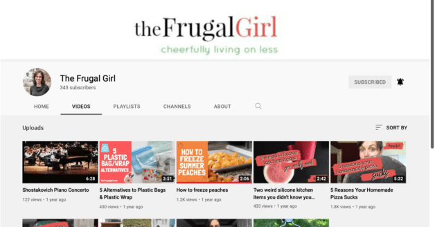 Frugal Girl YouTube channel homepage.