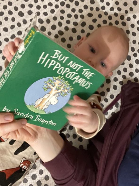 A baby holding a book.