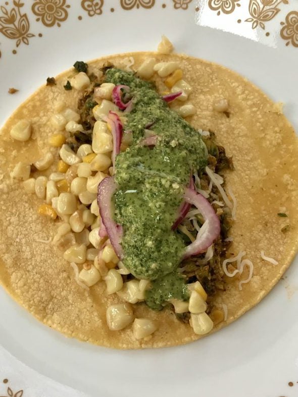 Brussels sprouts taco on a plate.