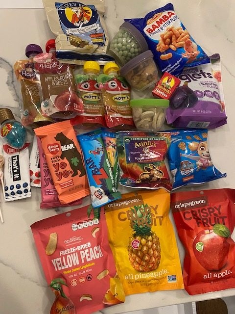 packaged snacks on a countertop.