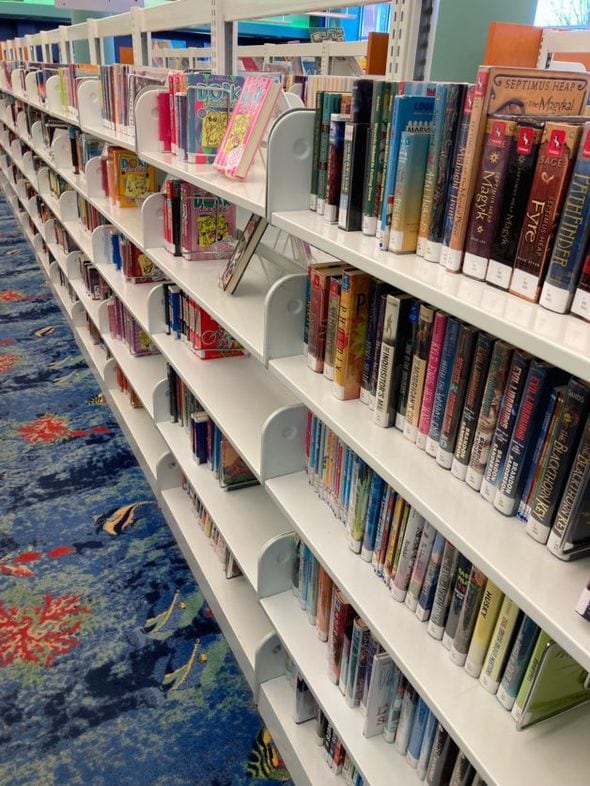 Library shelves.