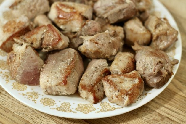 browned pork chunks.