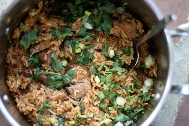 a stockpot of pork tinga.