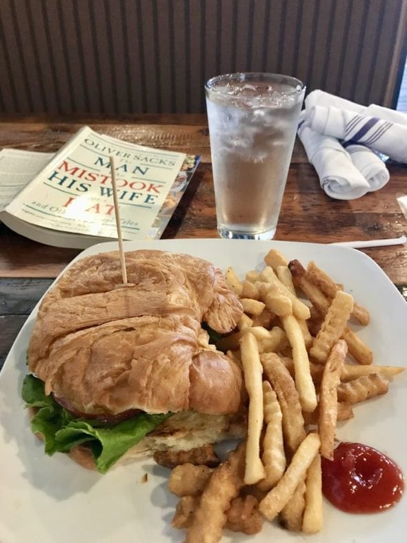 A sandwich and fries on a white plate.