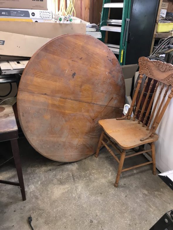 oak furniture in a garage.