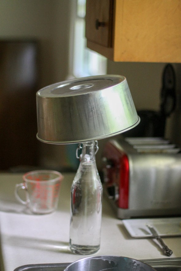 Angel food cake cooling.