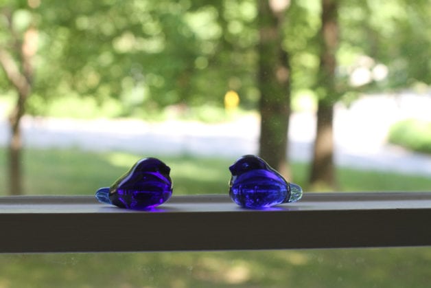 glass bluebirds in a window.