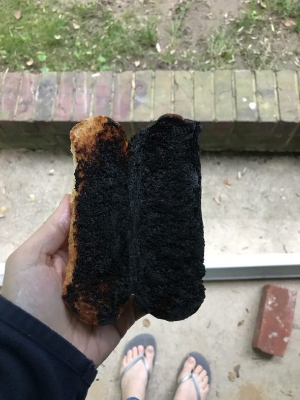 A burnt hot dog bun.