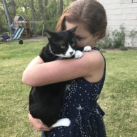 A girl holding a tuxedo cat.