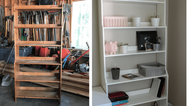 A before and after collage of the bookshelf.