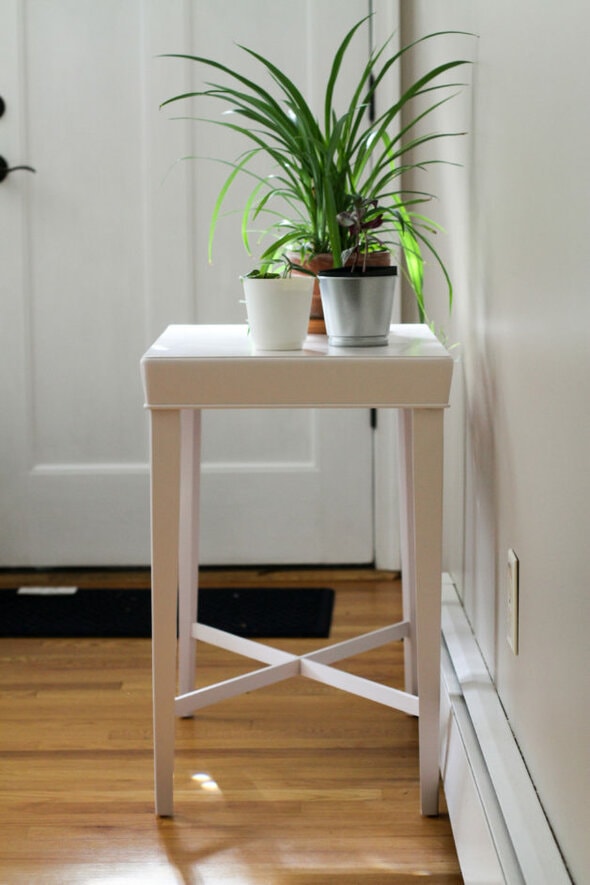 pink table with plants by front door.