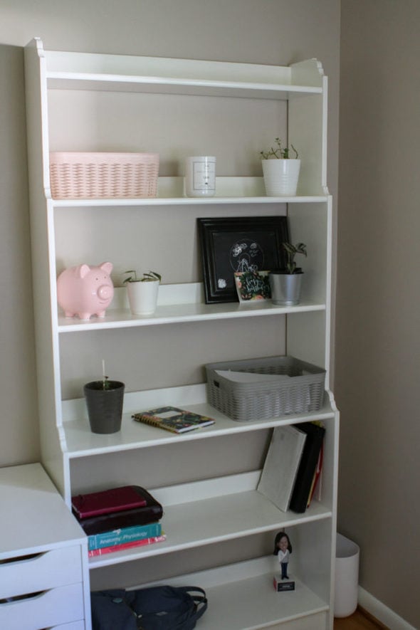 A white bookshelf.