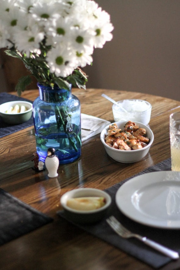 Dinner table with flowers.