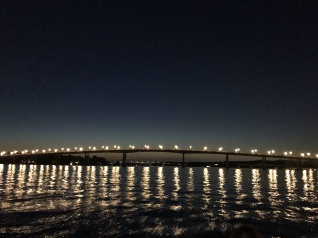 A bridge at nighttime.