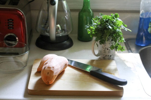 wooden cutting board.