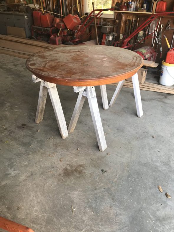 tabletop on sawhorses.