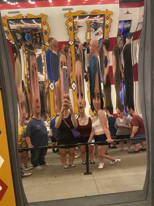 Kristen and her girls in a fun house mirror.