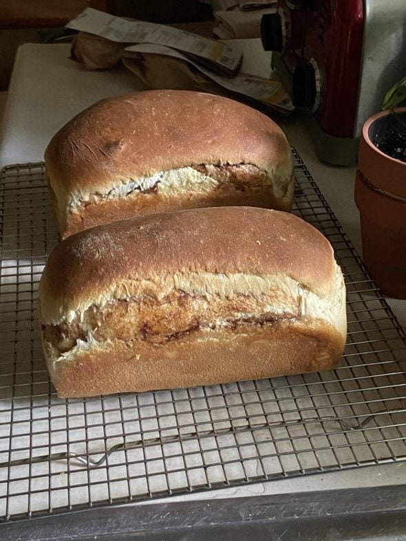 two loaves of cinnamon bread.