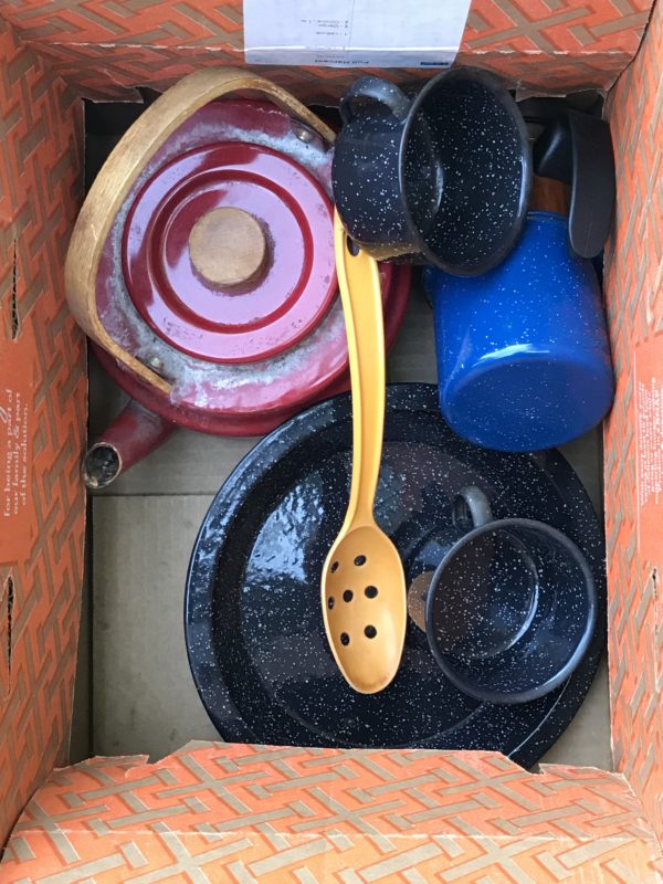 box of old dishes.