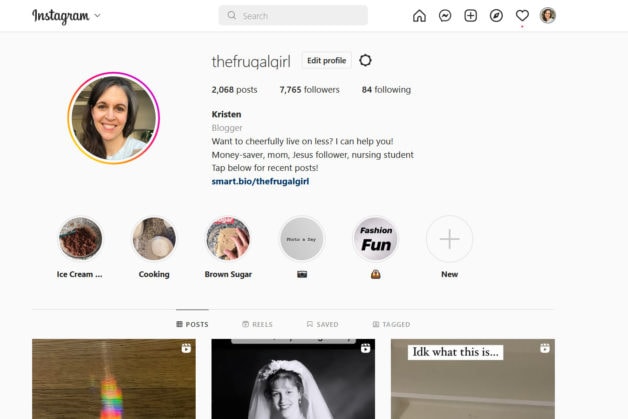 screenshot of Frugal Girl instagram profile.