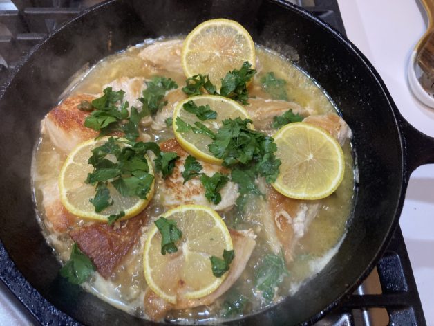 lemon chicken in a pan.