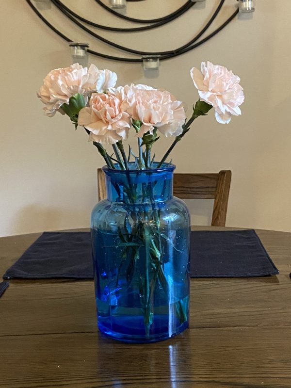 carnations in a blue jar.