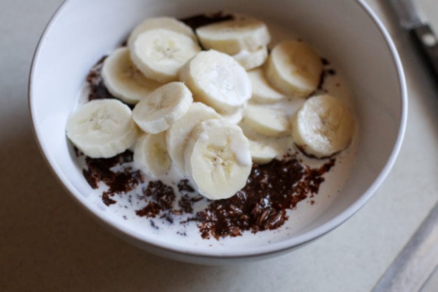 chocolate oatmeal topped with half and half.