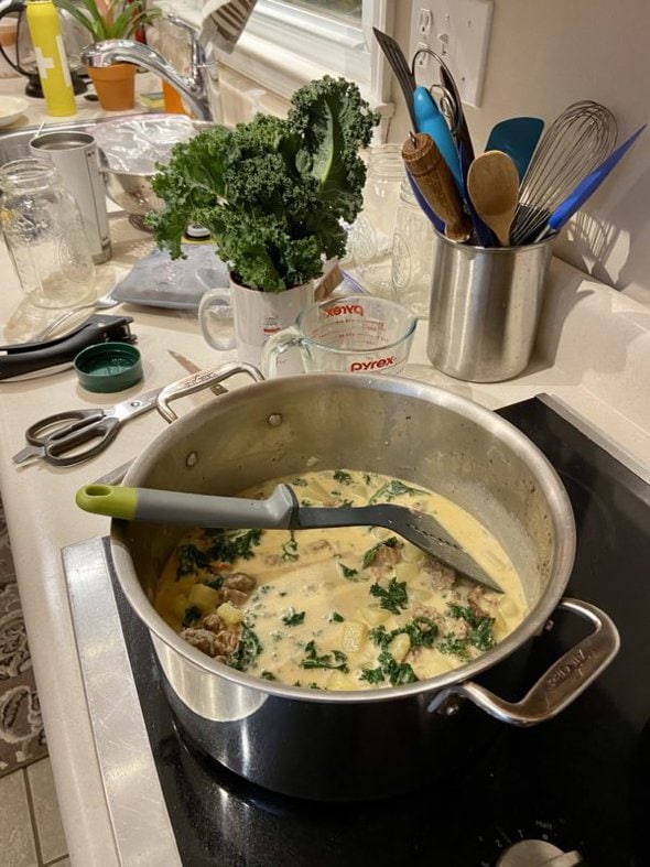 pot of soup on the stove.