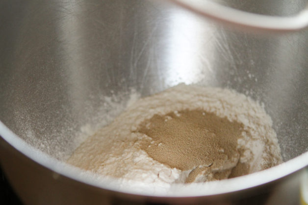 flour and yeast in a bowl.