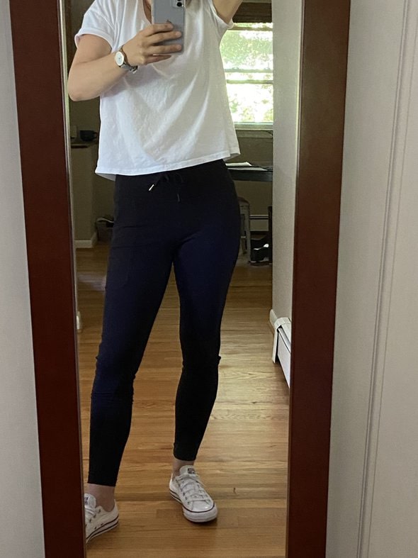 Kristen in leggings and a tshirt.