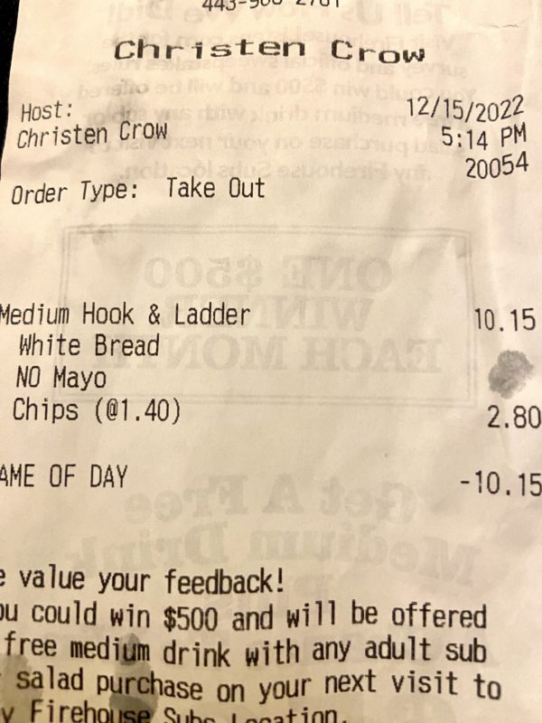 Firehouse subs receipt.