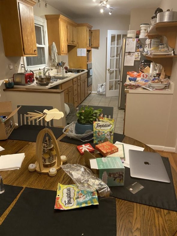 messy kitchen.