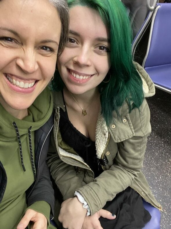 Kristen and Lisey on a train.