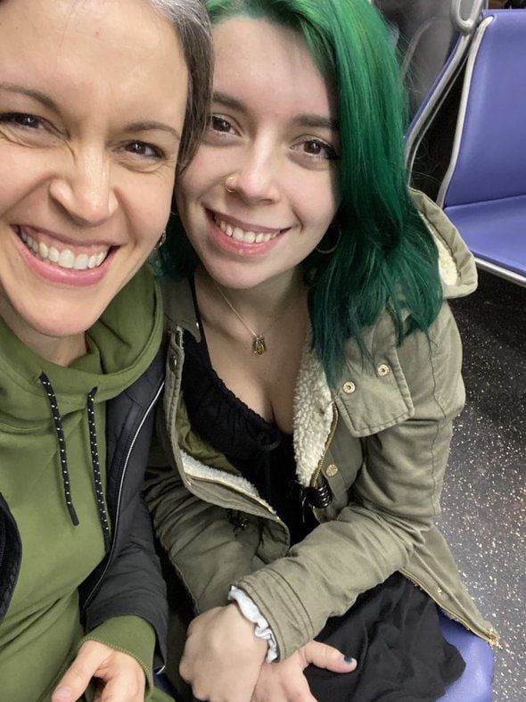 Kristen and Lisey on a train.