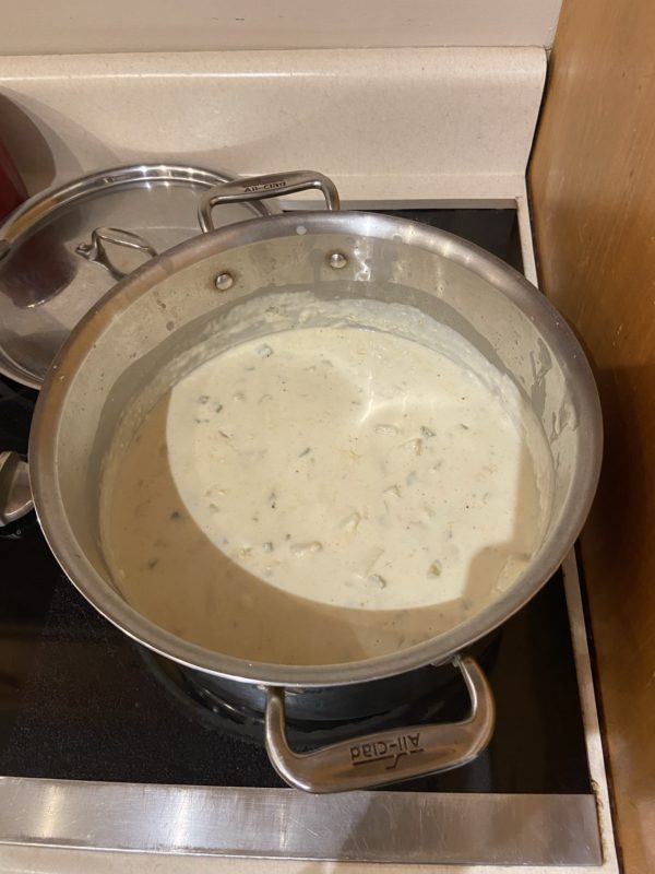 clam chowder in a pot.