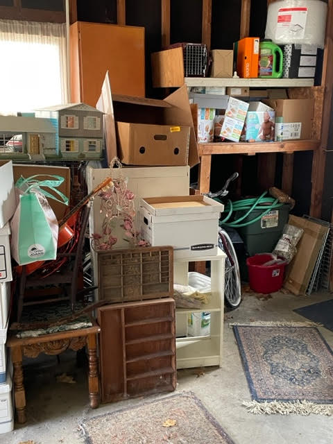 a garage with shelves.