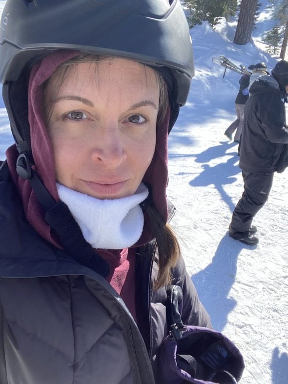 Kristen in a helmet.