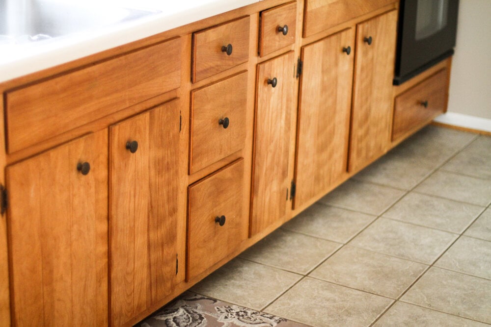 brown kitchen cabinets.