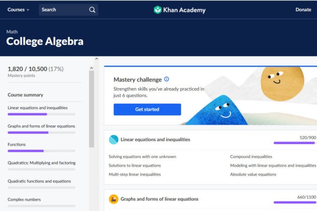 Khan academy college algebra site.