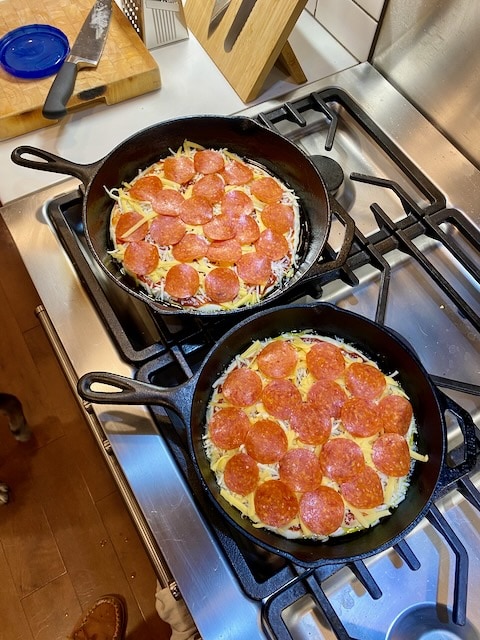 two pan pizzas.