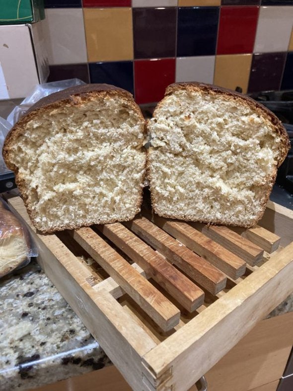 sliced-open loaf of bread.
