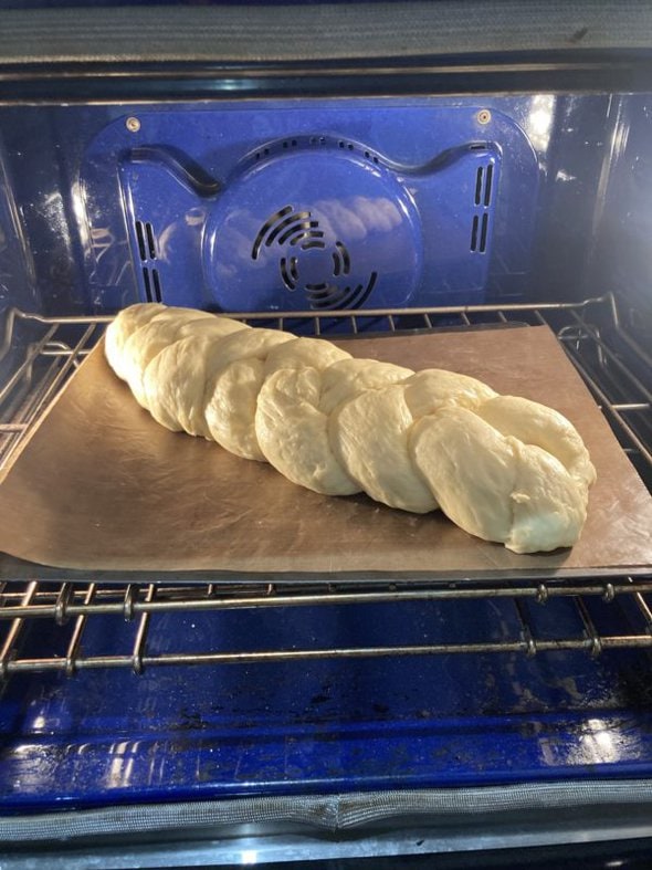 braided dough in oven.