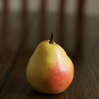 pear on table.